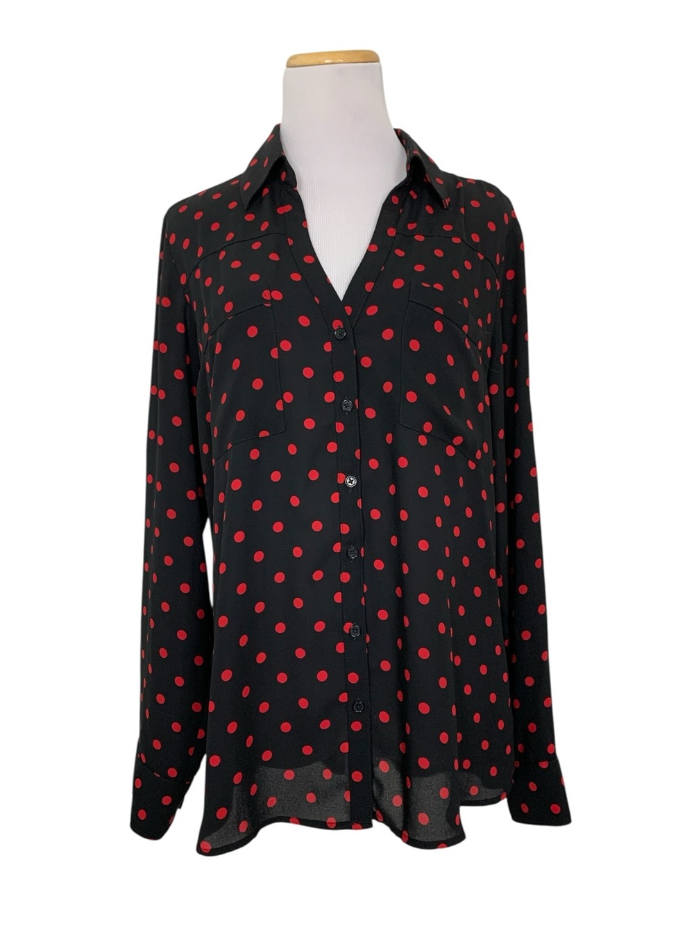 Express The Portofino Shirt Polka Dot Women’s L Button Front Black Red Slim Fit